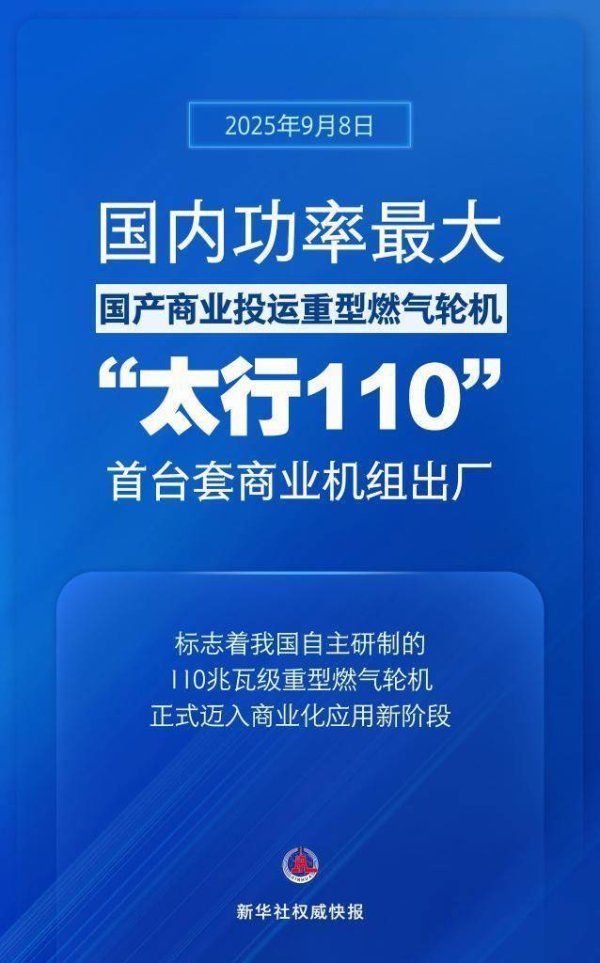 牛小散 新华社权威快报丨国内功率最大国产商业投运重型燃气轮机！“太行110”首台套商业机组出厂